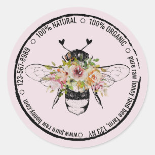 Sticker Rond Abeille de miel de rucher floral de coeurs biologi