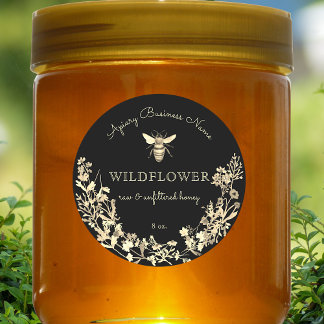 Sticker Rond Abeille de miel Fleur sauvage en or et noir