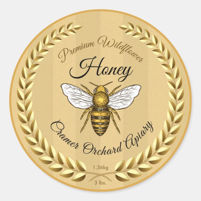 Sticker Rond Abeille et Garland Miel Or ambre (Devant)
