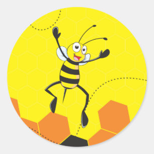 Sticker Rond Abeille jaune mignonne sautant Hurray Hoorah