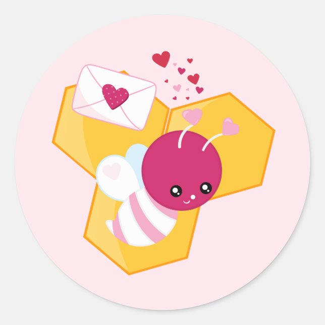 Sticker Rond Abeille mignonne aux Coeurs de Saint-Valentin rose (Devant)