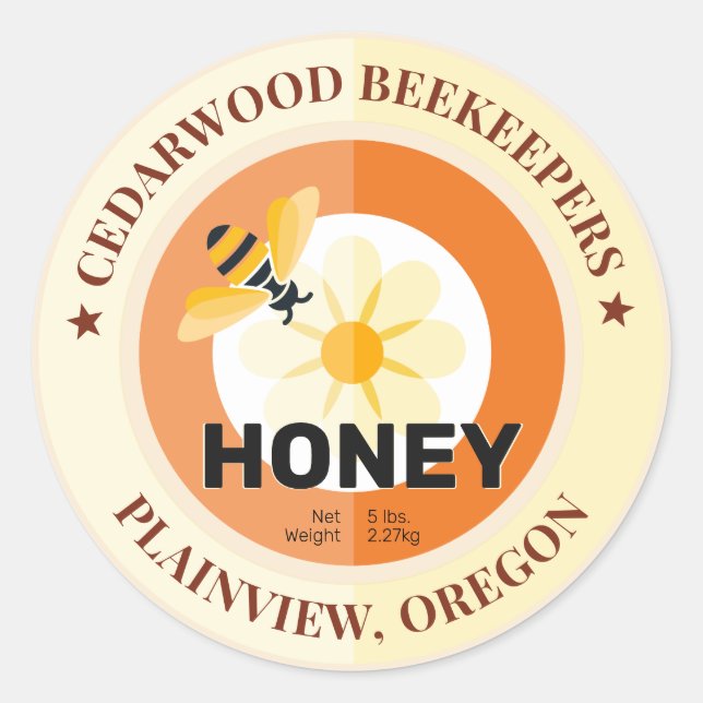 Sticker Rond Abeille moderne et fleur Goldenrod Jar de miel (Devant)