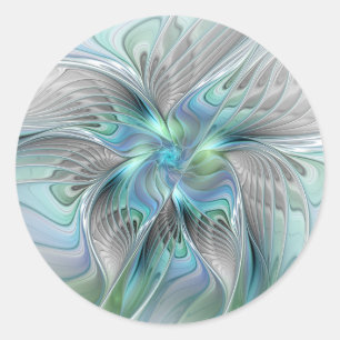 Sticker Rond Abstrait Bleu Vert Papillon Imaginaire Fractal Art