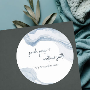 Sticker Rond Abstrait Blue Coastal Beach Watercolor Mariage