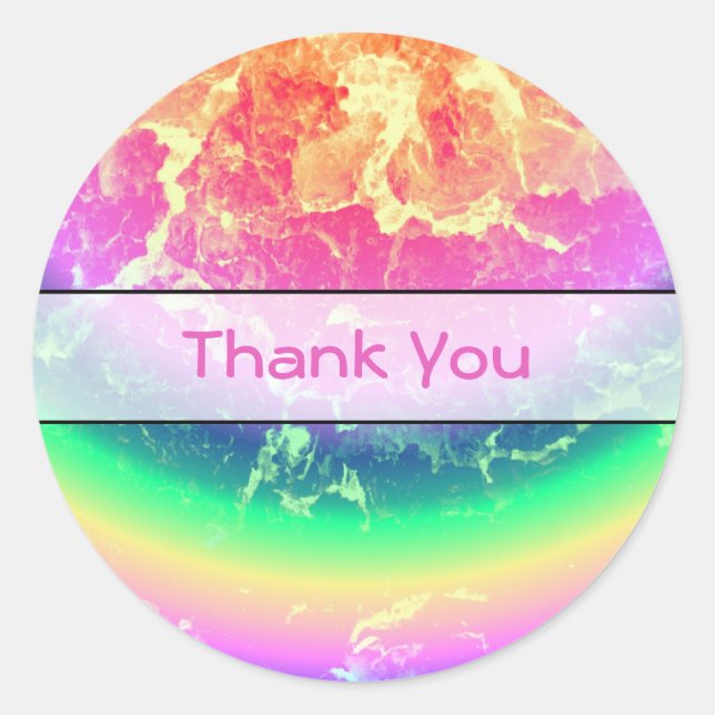 Sticker Rond Abstrait - En feu avec Merci arc-en-ciel (Devant)