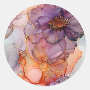 Sticker Rond Abstrait Encre Alcoolique Marbre Or Orange Violet