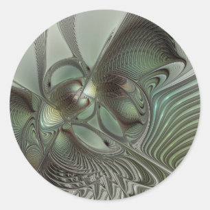 Sticker Rond Abstrait Olive Sage Vert Gris Art Fractal Fantasti