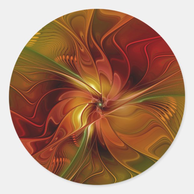 Sticker Rond Abstrait Rouge Orange Brown Vert Fractal Art Flowe (Devant)