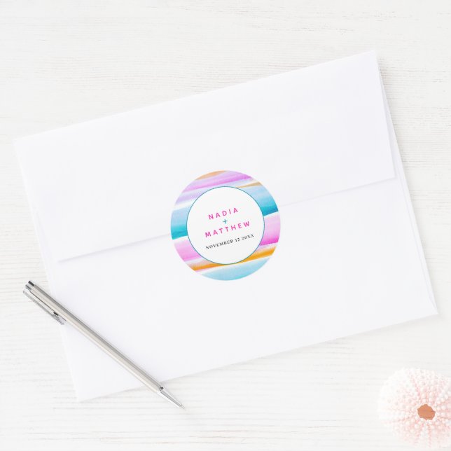 Sticker Rond Abstraites lignes tropicales aqua mariage rose (Enveloppe)