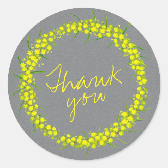 Sticker Rond Acacia wattle wreath mariage merci gris jaune (Devant)