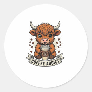Sticker Rond Accro au café Vache des Highlands Mignonne Gravure