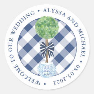 Sticker Rond Accueil Mariage en Bois Blanc Et Bleu Préppy