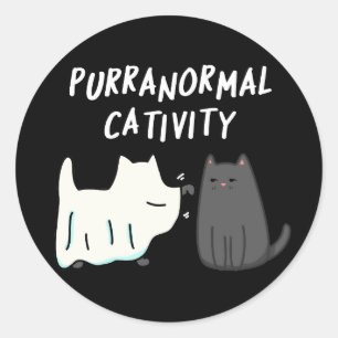 Sticker Rond Activité surnaturelle d'Halloween Chat Pun BG fonc