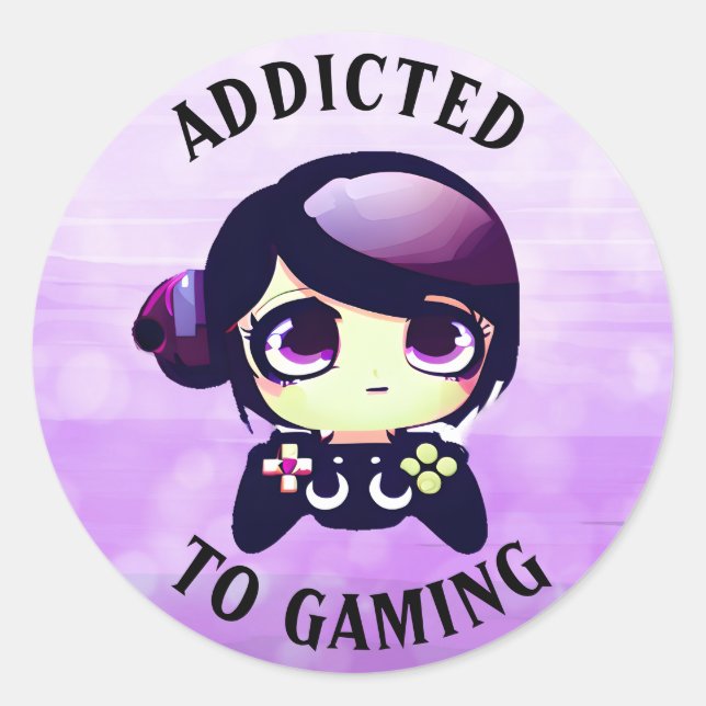 Sticker Rond Addicité au jeu | Cute Kawaii Girl Gamer (Devant)