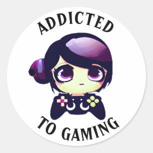 Sticker Rond Addicité au jeu Cute Kawaii Girl Gamer