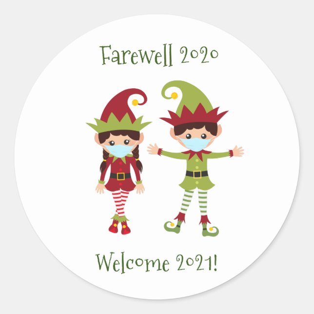 Sticker Rond Adieu 2020 Bienvenue 2021 Elfe de Noël (Devant)