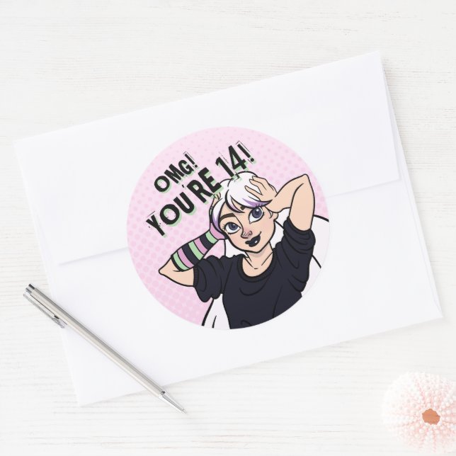 Sticker Rond Ado fille Pink Cartoon Punk 14e anniversaire (Enveloppe)