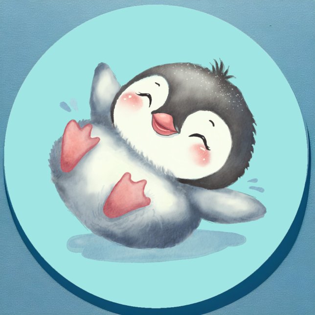 Sticker Rond Adorable bébé pingouin mignon jouant Aquarelle enf (Adorable baby penguin sticker in watercolor style on aqua blue. Cute Winter animal for baby's party.)