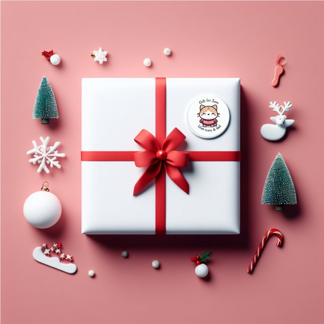 Sticker Rond adorable chaton de Noël (Cute kitty personalized name Christmas sticker. A beautiful kitty in kawaii style.)