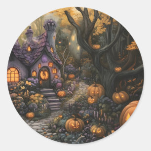 Sticker Rond Adorable Éffrayant House et Halloween Citrouille P