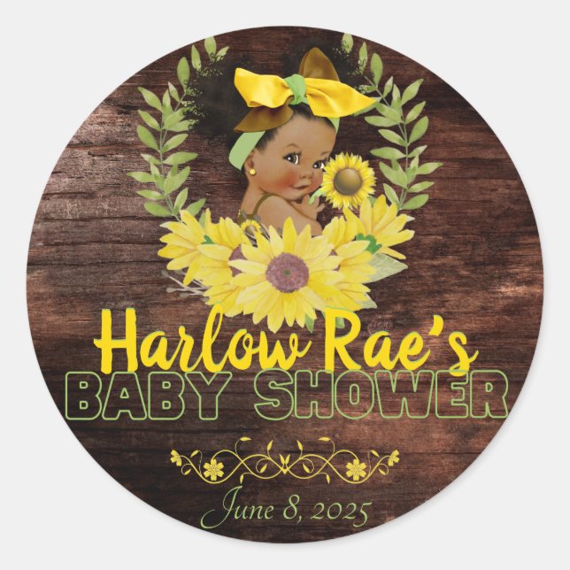 Sticker Rond Adorable fille de bébé ethnique | Sunflower jaune (Devant)