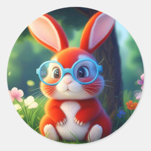 Sticker Rond Adorable Lapin Rouge assis sous l'arbre