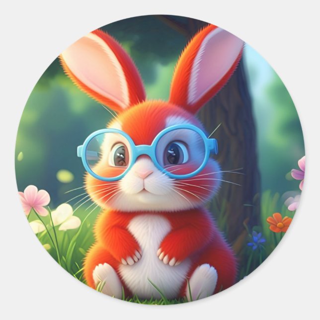 Sticker Rond Adorable Lapin Rouge assis sous l'arbre (Devant)