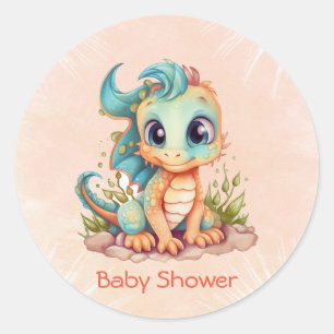 Sticker Rond Adorable Little Dragon Fairytale Boy Baby shower