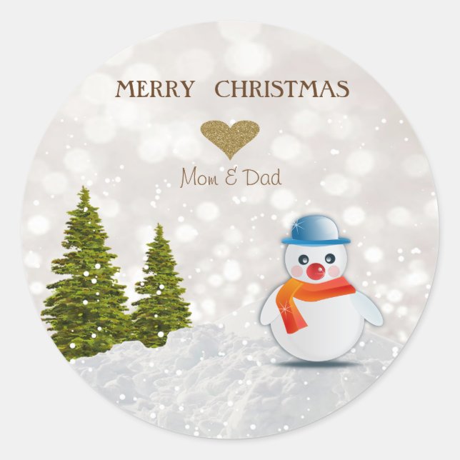 Sticker Rond Adorable Snowman, Arbre de Noël, Neige (Devant)
