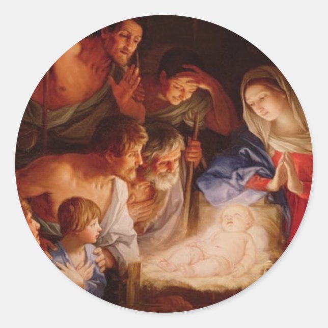 Sticker Rond Adoration-de-bébé-Jésus-par-berger-reni (Devant)