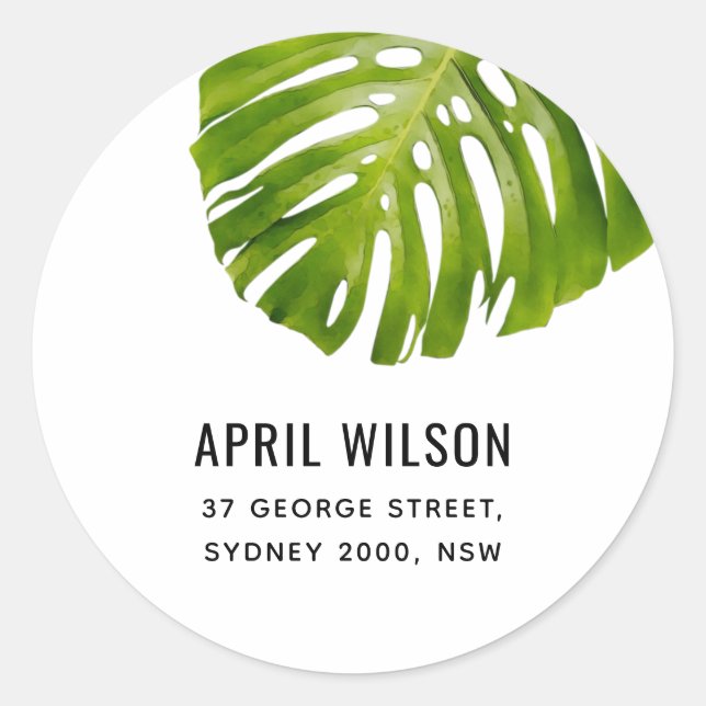 STICKER ROND ADRESSE DE FOLIAGE EN FEUILLE DE MONSTERA BLANC ÉL (Devant)
