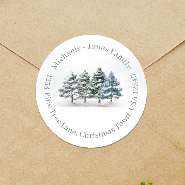 Sticker Rond Adresse de retour Aquarelle Arbre de pin personnal (Christmas return address label sticker. )