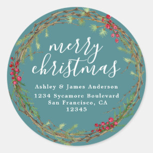 Sticker Rond Adresse de retour de Couronne de Noël Bleu sarcell