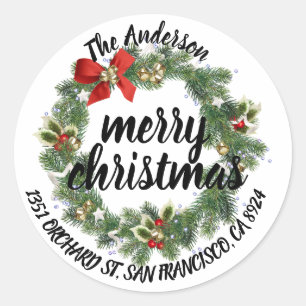 Sticker Rond Adresse de retour de guirlande de houx de Joyeux