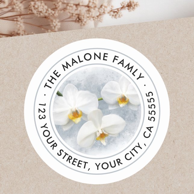Sticker Rond Adresse de retour de la peinture de phalaenopsis d (White orchid phalaenopsis painting return address classic round sticker)