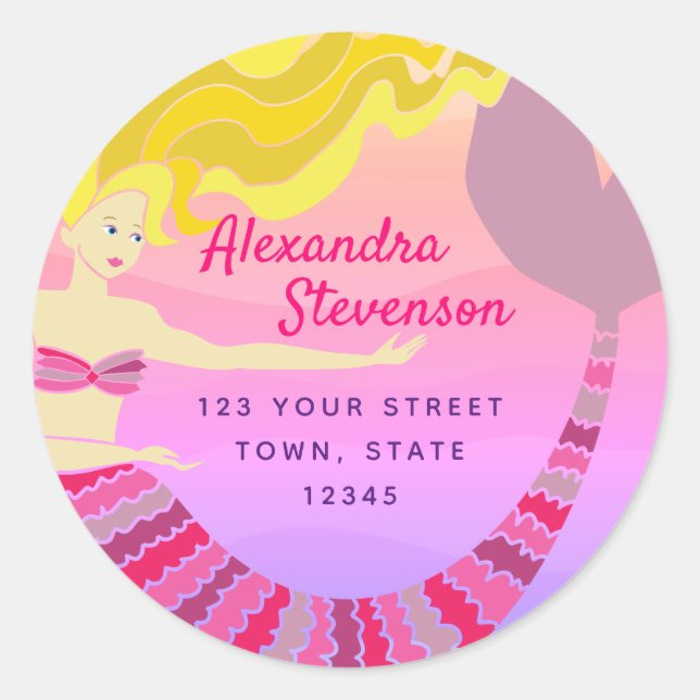 Sticker Rond Adresse de retour de la sirène rose (Devant)