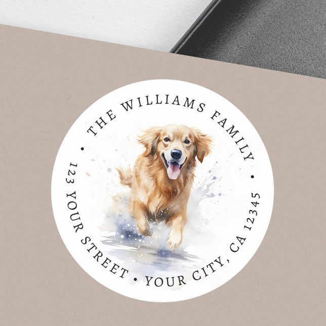 Sticker Rond Adresse de retour de l'aquarelle de récupération d (Golden retriever watercolor return address classic round sticker)