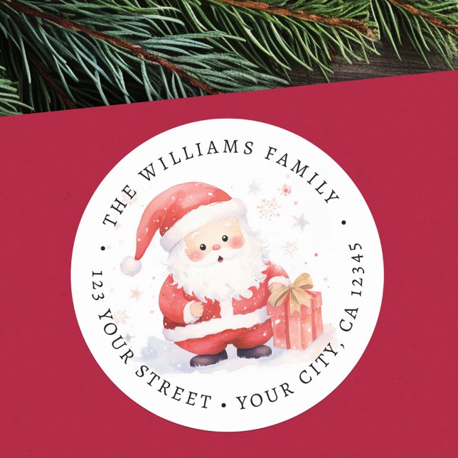 Sticker Rond Adresse de retour de l'illustration d'aquarelle Pè (Cute Santa watercolor illustration return address Classic Round Sticker)