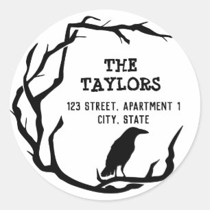 Sticker Rond Adresse de retour d'Halloween Label Crow Wain