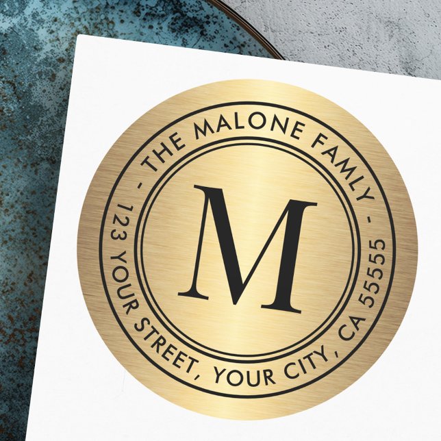 Sticker Rond Adresse de retour du dégradé d'or initial du monog (Monogram initial golden gradient return address classic round sticker)