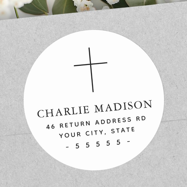Sticker Rond Adresse de retour en blanc croisé minimal (Minimal cross white return address classic round sticker)