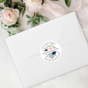 Sticker Rond Adresse de Retour Florale Aquarelle Bleu Marine