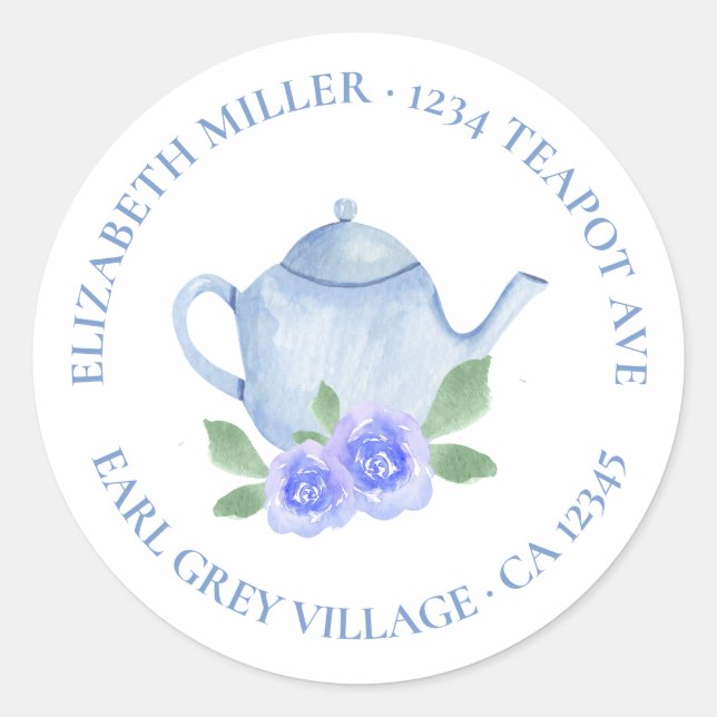 Sticker Rond Adresse de retour mignon Aquarelle Bleue Teapot (Devant)