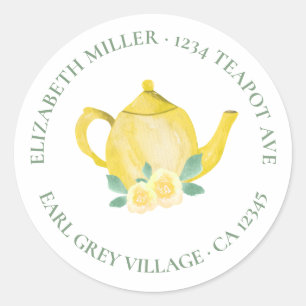 Sticker Rond Adresse de retour mignon Aquarelle Teapot jaune