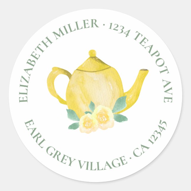 Sticker Rond Adresse de retour mignon Aquarelle Teapot jaune (Devant)