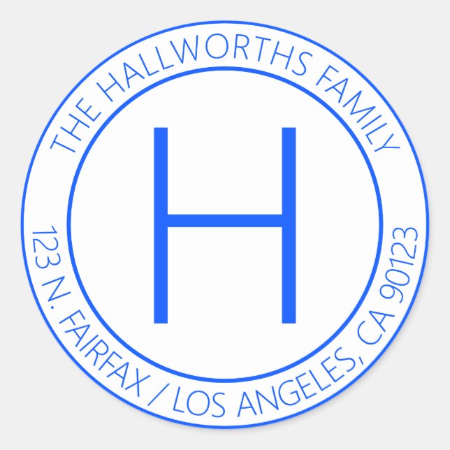 Sticker Rond Adresse de retour moderne bleu et blanc (Devant)