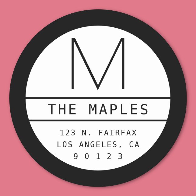 Sticker Rond Adresse de retour moderne et monogramme | Noir dég (Créateur téléchargé)