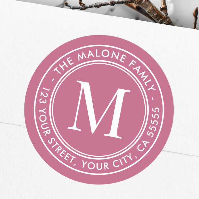 Sticker Rond Adresse de retour Monogram initial élégant rose ma (Monogram initial elegant rose mauve return address classic round sticker)
