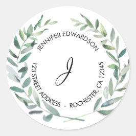 Sticker Rond Adresse de retour monogramme feuille aquarelle