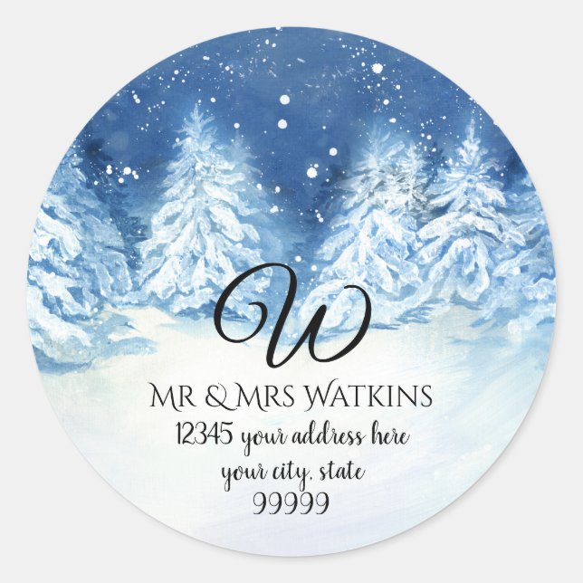 Sticker Rond Adresse de retour monogrammée Forêt hivernale enne (Devant)